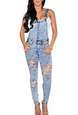 Cfanny Women’s Stone Wash Denim Destroyed Fitted Overall Jumpsuit
