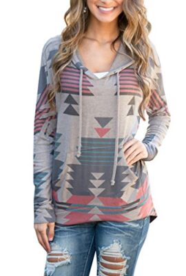 FanShou Women Geometrical Printed Kangaroo Pocket Pullover Hoodie Sweatshirt