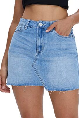 Nicasia Jean Skirts for Women High Waisted Denim Skirts Fringed Slim Fit Elastic Bodycon Mini Denim Skirt