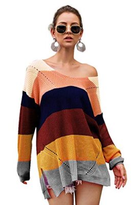 Women’s Color Block Striped Rainbow deep Vneck Fashion Long Sweater Tops